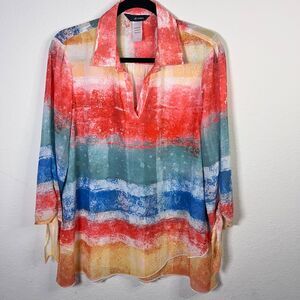 Ali Miles Split V Neck Bright Geometric Artsy Top 3/4 Tie Sleeve Women’s Size XL